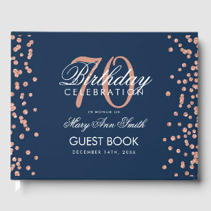 Rose Gold Navy 70th Birthday Glitter Confetti Guest Book