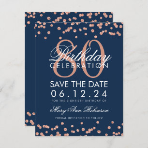 Rose Gold Navy 80th Birthday Save Date Confetti Invitation