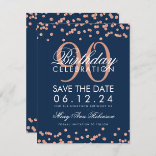 Rose Gold Navy 90th Birthday Save Date Confetti Invitation