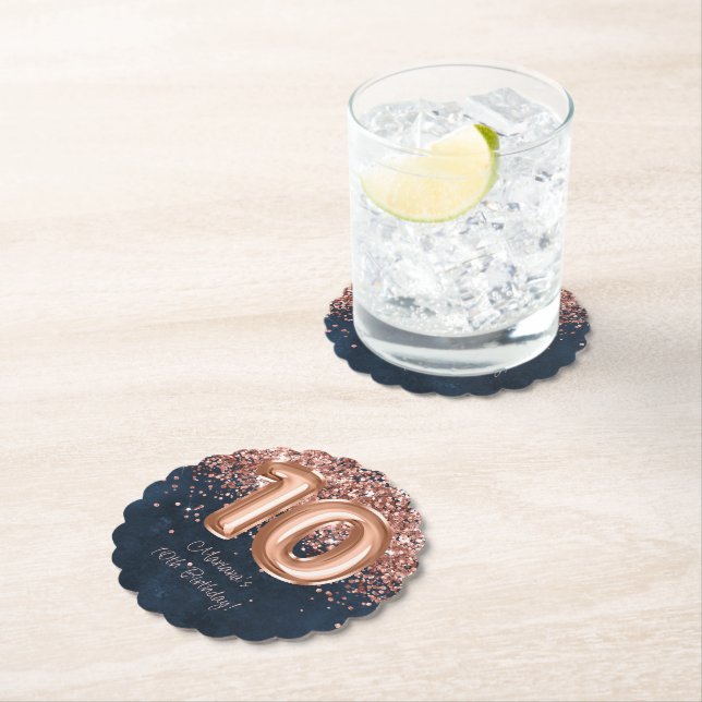  Rose Gold Navy Blue 10th Birthday Party Paper Coaster (Insitu)