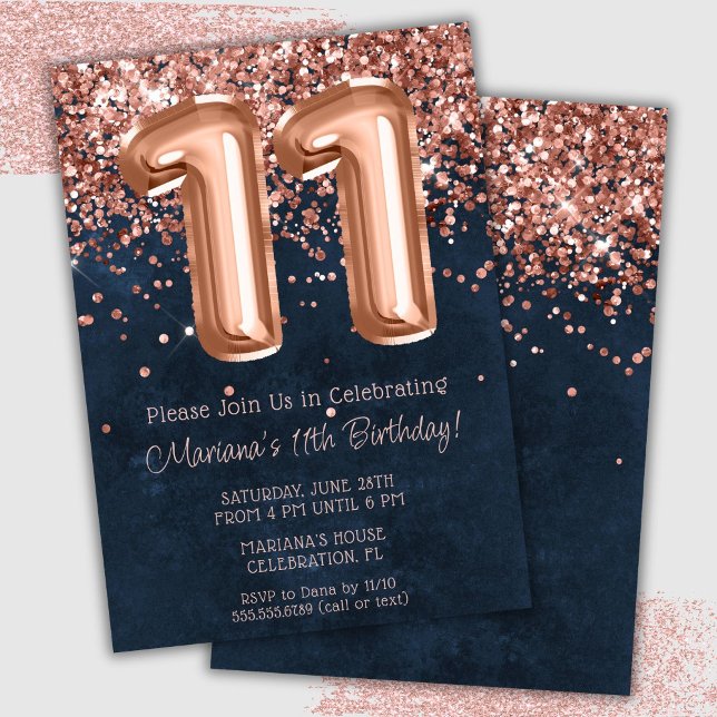 Rose Gold Navy Blue 11th Birthday Party Invitation (Creator Uploaded)
