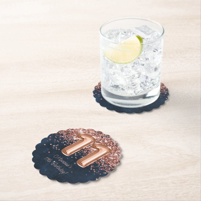  Rose Gold Navy Blue 11th Birthday Party Paper Coaster (Insitu)