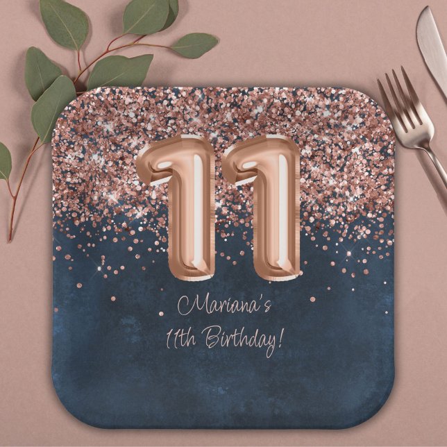  Rose Gold Navy Blue 11th Birthday Party Paper Plate (Creator Uploaded)