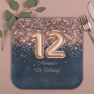  Rose Gold Navy Blue 12th Birthday Party Paper Plate