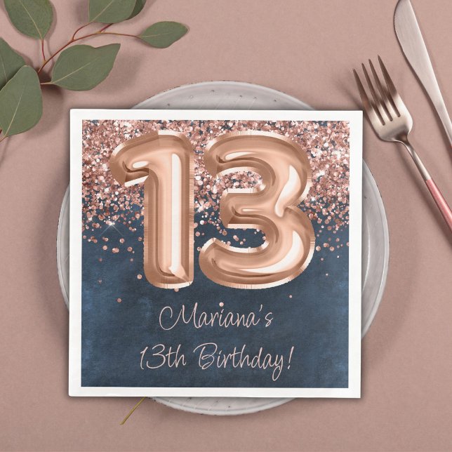  Rose Gold Navy Blue 13th Birthday Party Napkin (Creator Uploaded)