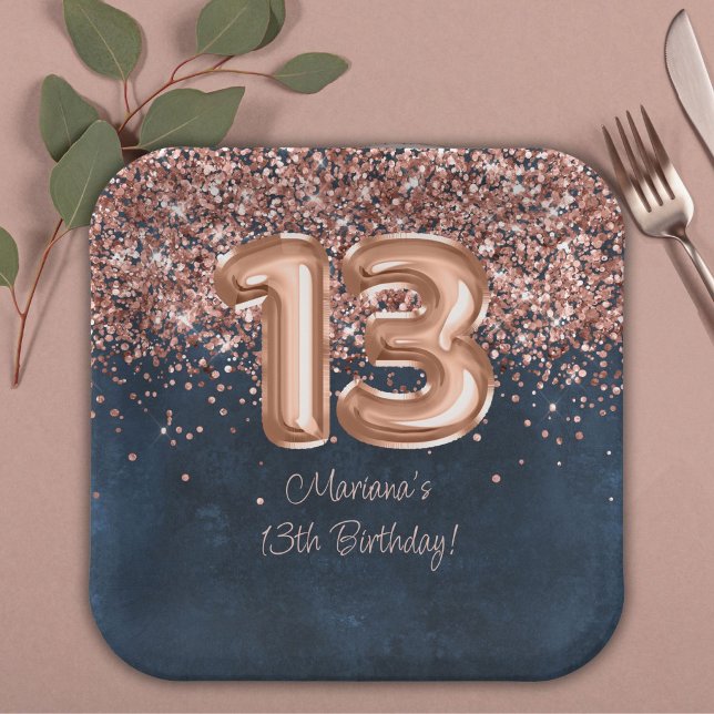  Rose Gold Navy Blue 13th Birthday Party Paper Plate (Creator Uploaded)