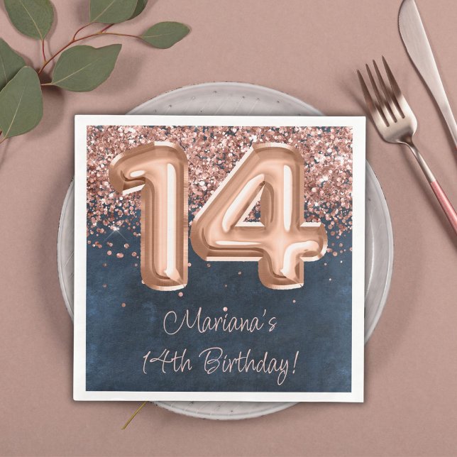  Rose Gold Navy Blue 14th Birthday Party Napkin (Creator Uploaded)