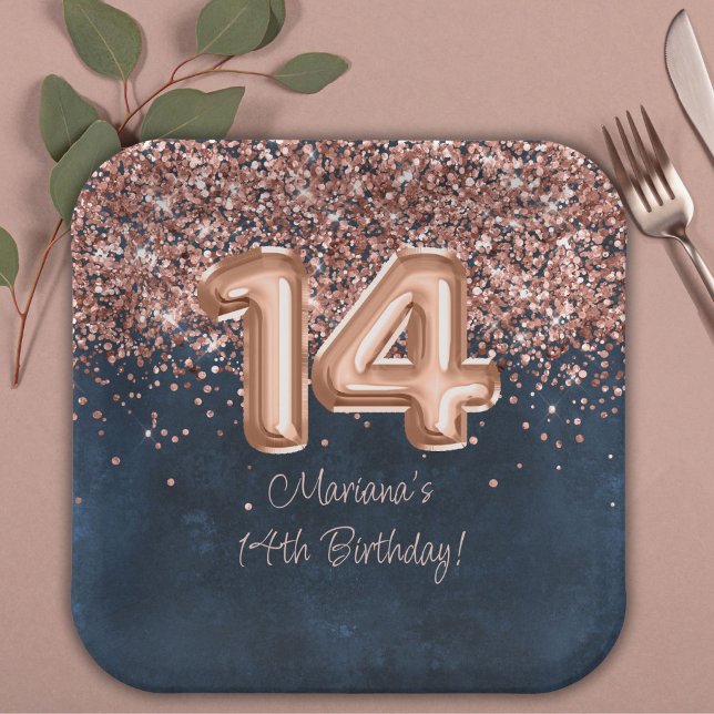  Rose Gold Navy Blue 14th Birthday Party Paper Plate (Creator Uploaded)