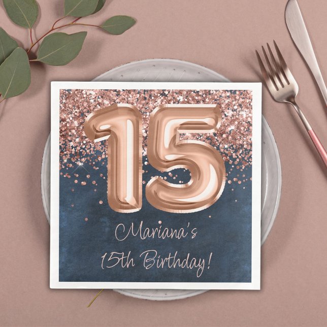  Rose Gold Navy Blue 15th Birthday Party Napkin (Creator Uploaded)