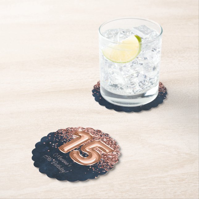  Rose Gold Navy Blue 15th Birthday Party Paper Coaster (Insitu)