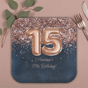  Rose Gold Navy Blue 15th Birthday Party Paper Plate