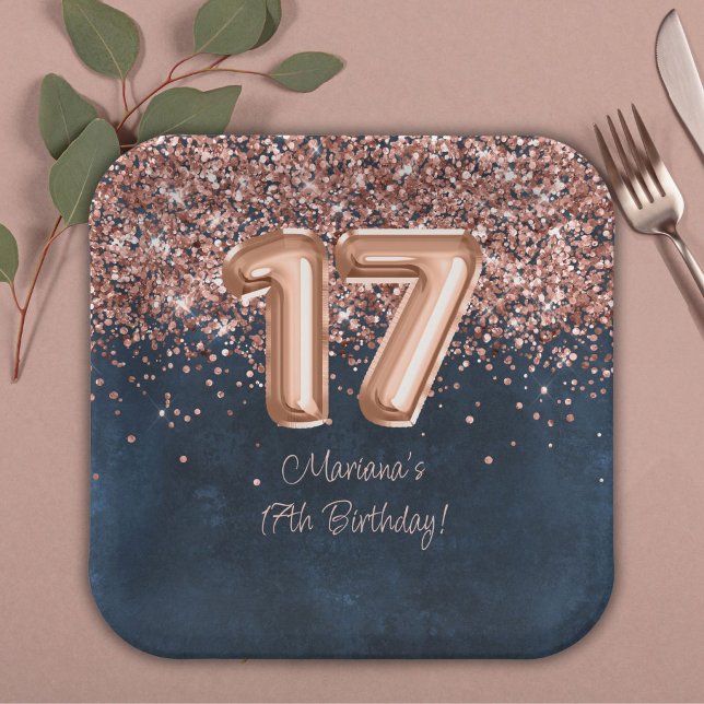  Rose Gold Navy Blue 17th Birthday Party Paper Plate (Creator Uploaded)