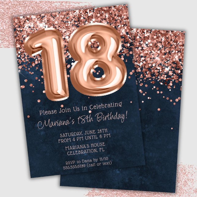 Rose Gold Navy Blue 18th Birthday Party Invitation (Creator Uploaded)