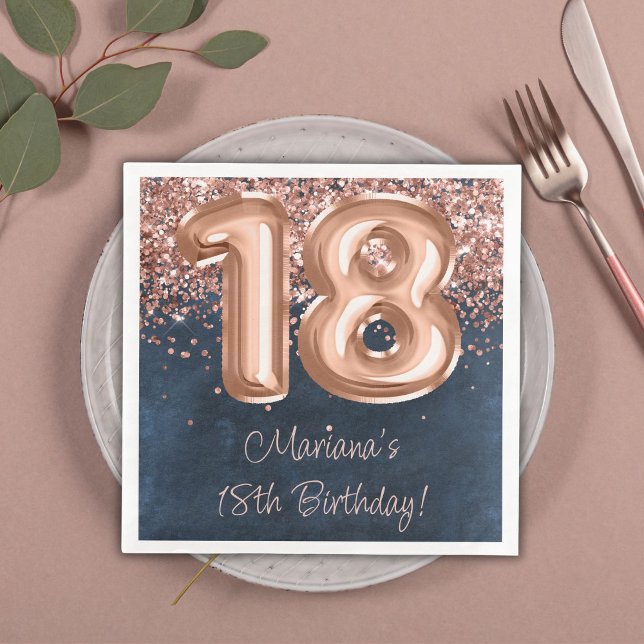  Rose Gold Navy Blue 18th Birthday Party Napkin (Creator Uploaded)