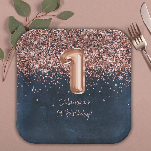  Rose Gold Navy Blue 1st Birthday Party Paper Plate (Creator Uploaded)