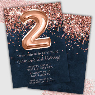 Rose Gold Navy Blue 2nd Birthday Party Invitation
