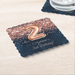 Rose Gold Navy Blue 2nd Birthday Party Paper Coaster