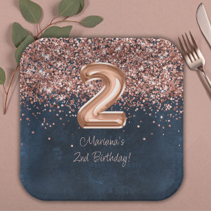 Rose Gold Navy Blue 2nd Birthday Party Paper Plate