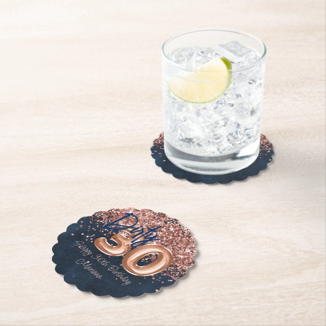 Rose Gold Navy Blue 30th Birthday Party Paper Coaster (Insitu)