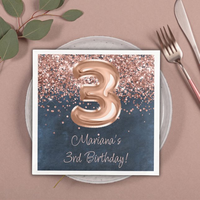  Rose Gold Navy Blue 3rd Birthday Party Napkin (Creator Uploaded)