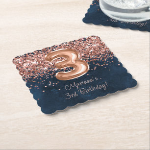 Rose Gold Navy Blue 3rd Birthday Party Paper Coaster