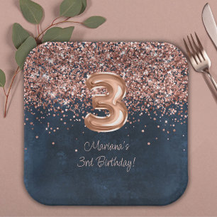 Rose Gold Navy Blue 3rd Birthday Party Paper Plate
