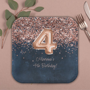 Rose Gold Navy Blue 4th Birthday Party Paper Plate