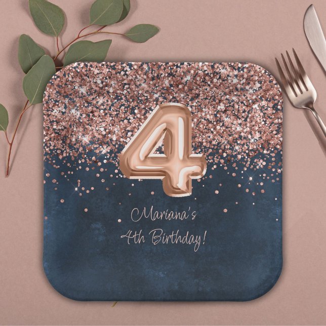  Rose Gold Navy Blue 4th Birthday Party Paper Plate (Creator Uploaded)