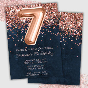 Rose Gold Navy Blue 7th Birthday Party Invitation