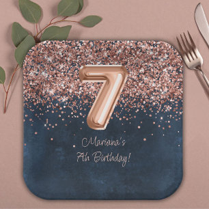  Rose Gold Navy Blue 7th Birthday Party Paper Plate