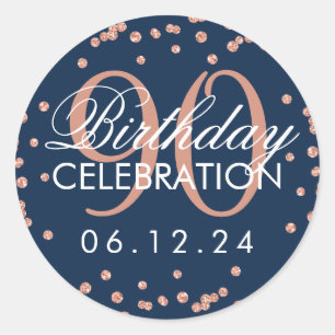 Rose Gold Navy Blue 90th Birthday Glitter Confetti Classic Round Sticker