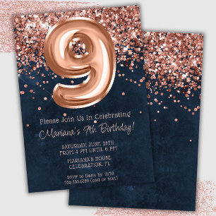 Rose Gold Navy Blue 9th Birthday Party Invitation