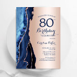 Rose Gold Navy Blue Agate 80th Birthday Invitation<br><div class="desc">Navy blue and rose gold agate 80th birthday party invitation. Elegant modern design featuring royal blue watercolor agate marble geode background,  faux glitter rose gold and typography script font. Trendy invite card perfect for a stylish women's bday celebration. Printed Zazzle invitations or instant download digital printable template.</div>