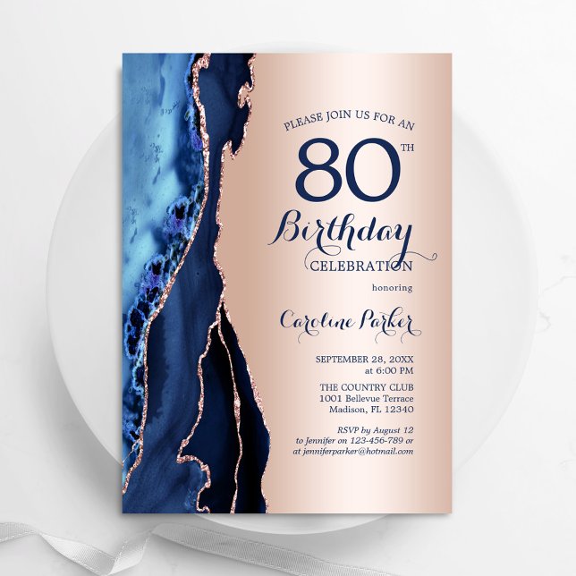 Rose Gold Navy Blue Agate 80th Birthday Invitation (Creator Uploaded)