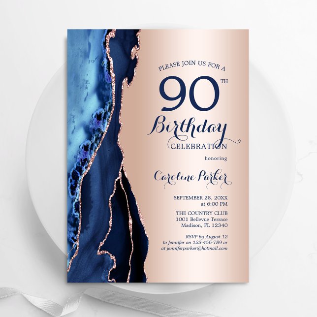 Rose Gold Navy Blue Agate 90th Birthday Invitation (Creator Uploaded)