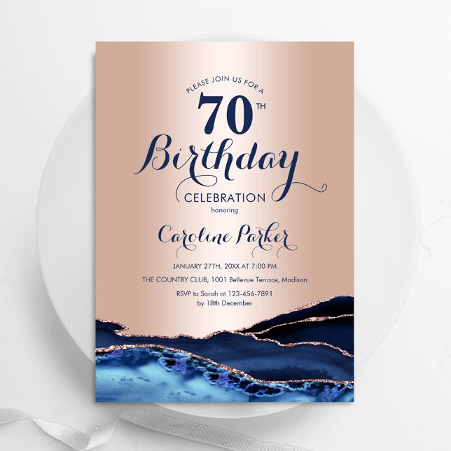 Rose Gold Navy Blue Agate Marble 70th Birthday Invitation (Creator Uploaded)
