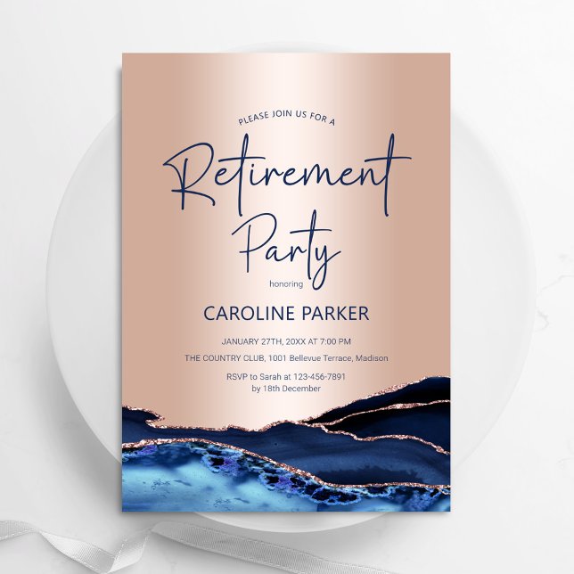 Rose Gold Navy Blue Agate Retirement Party Invitation (Creator Uploaded)