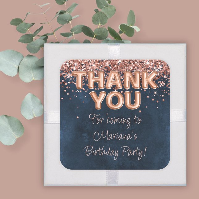 Rose Gold Navy Blue Birthday Party Favours Square Sticker (Creator Uploaded)