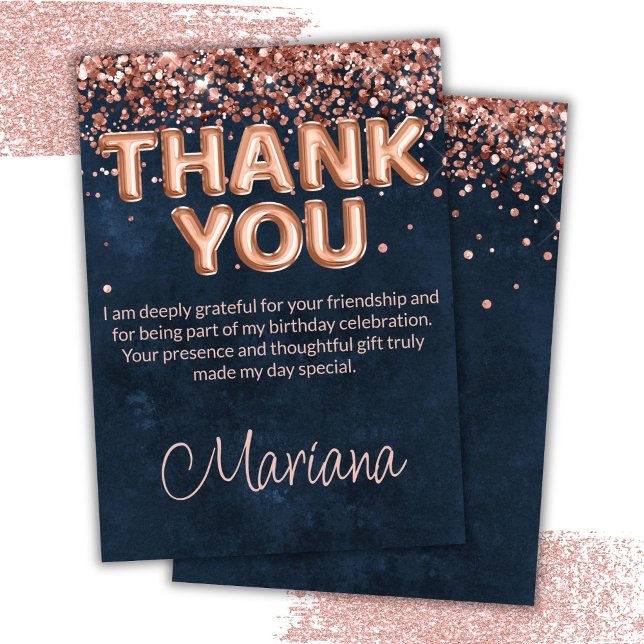 Rose Gold Navy Blue Birthday Party Thank You Card (Creator Uploaded)