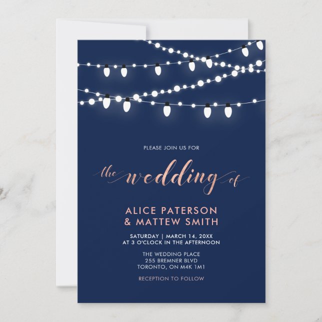 Rose Gold & Navy Blue Chic Modern Wedding Ceremony Invitation (Front)