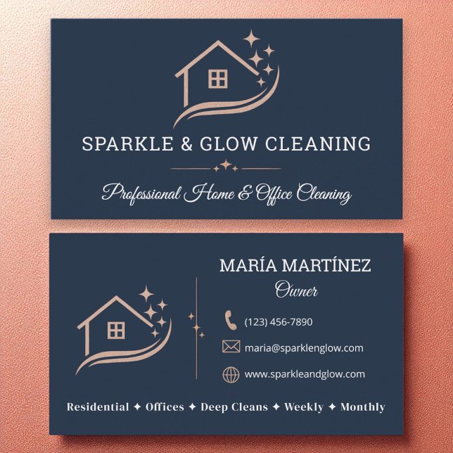 Rose Gold Navy Blue Cleaning Service House Sparkle Business Card (Creator Uploaded)