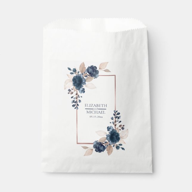 Rose Gold Navy Blue Dusty Pink Floral Wedding Favour Bags (Front)