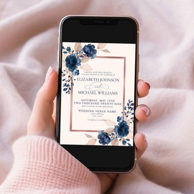 Rose Gold Navy Blue Dusty Pink Floral Wedding Invi Invitation (Creator Uploaded)
