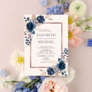 Rose Gold Navy Blue Dusty Pink Floral Wedding Invitation