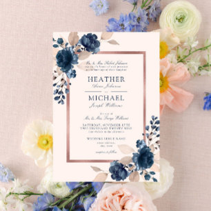 Rose Gold Navy Blue Dusty Pink Floral Wedding Invitation