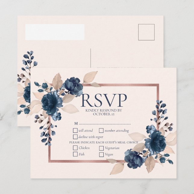 Rose Gold Navy Blue Dusty Pink Floral Wedding RSVP Invitation Postcard (Front/Back)