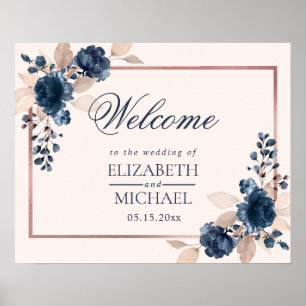 Rose Gold Navy Blue Dusty Pink Floral Welcome Poster