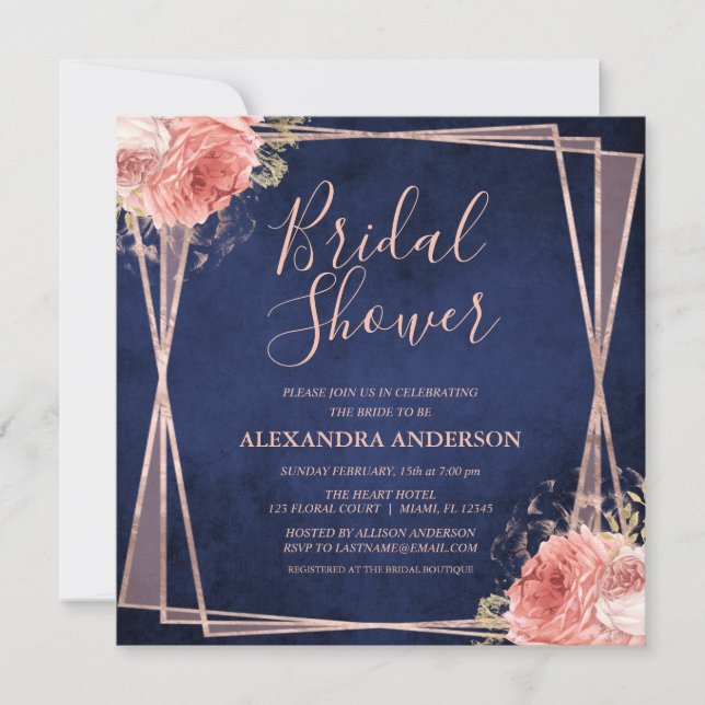 Rose Gold Navy Blue Floral Modern Bridal Shower Invitation (Front)