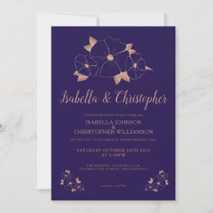 Rose Gold navy blue floral modern Invitation