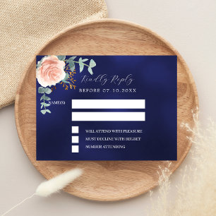 Rose gold navy blue floral wedding response RSVP